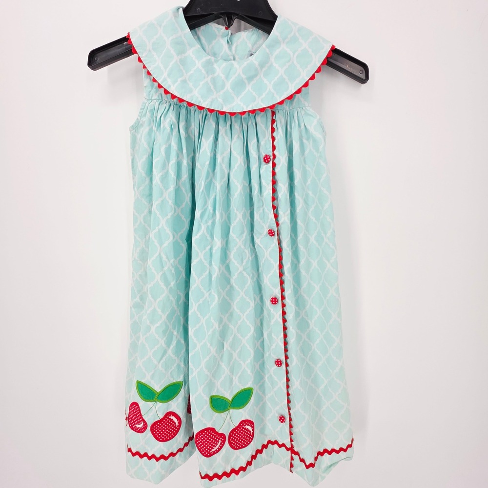 Honesty Girls Dress Teal Quatrefoil Cherry Applique Red Ric Rac Trim Size 6‎